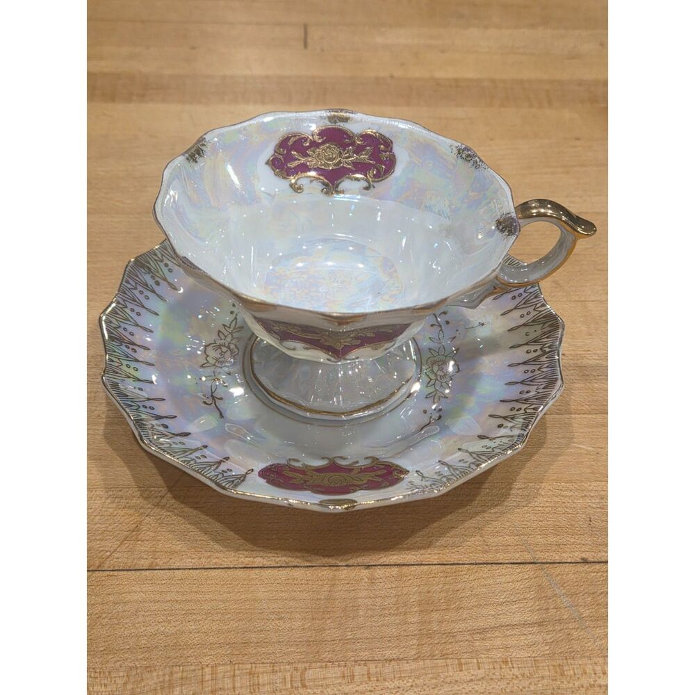 Vintage Lefton China Iridescent Lusterware Teacup Saucer Set Maroon Gold 20336